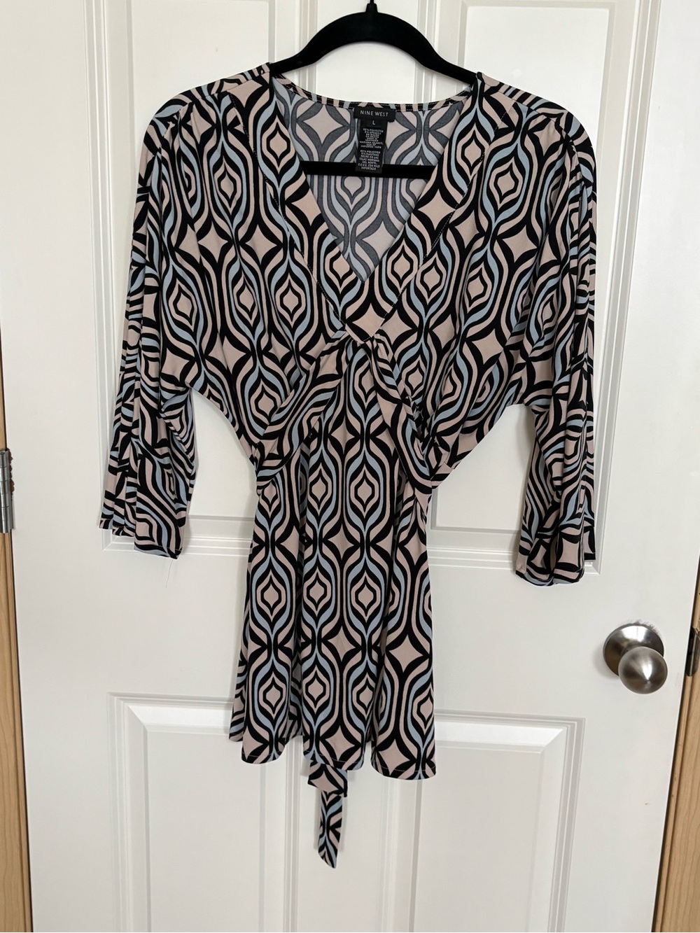 Nine West Black, Beige and Pale Blue Geometric Wrap-Front Blouse